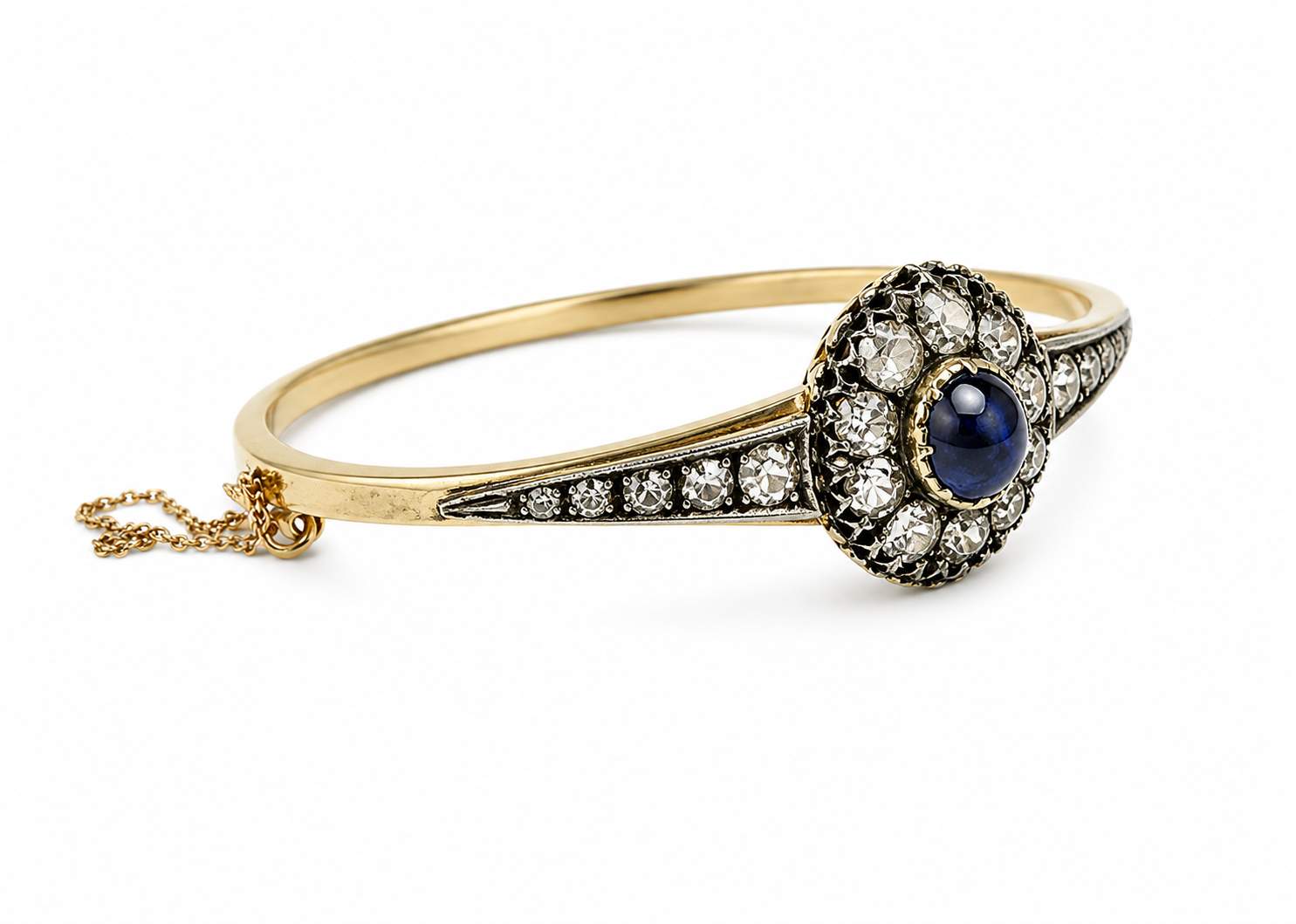 14K Yellow Vintage Sapphire Diamond Bangle Bracelet, With Vintage Blue Box