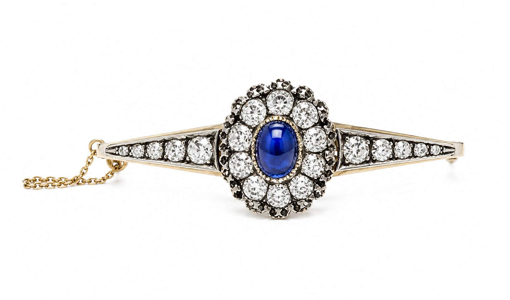 14K Yellow Vintage Sapphire Diamond Bangle Bracelet, With Vintage Blue Box