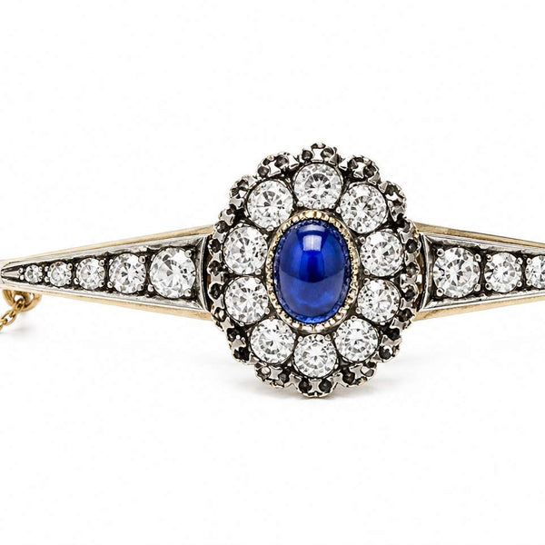 14K Yellow Vintage Sapphire Diamond Bangle Bracelet, With Vintage Blue Box