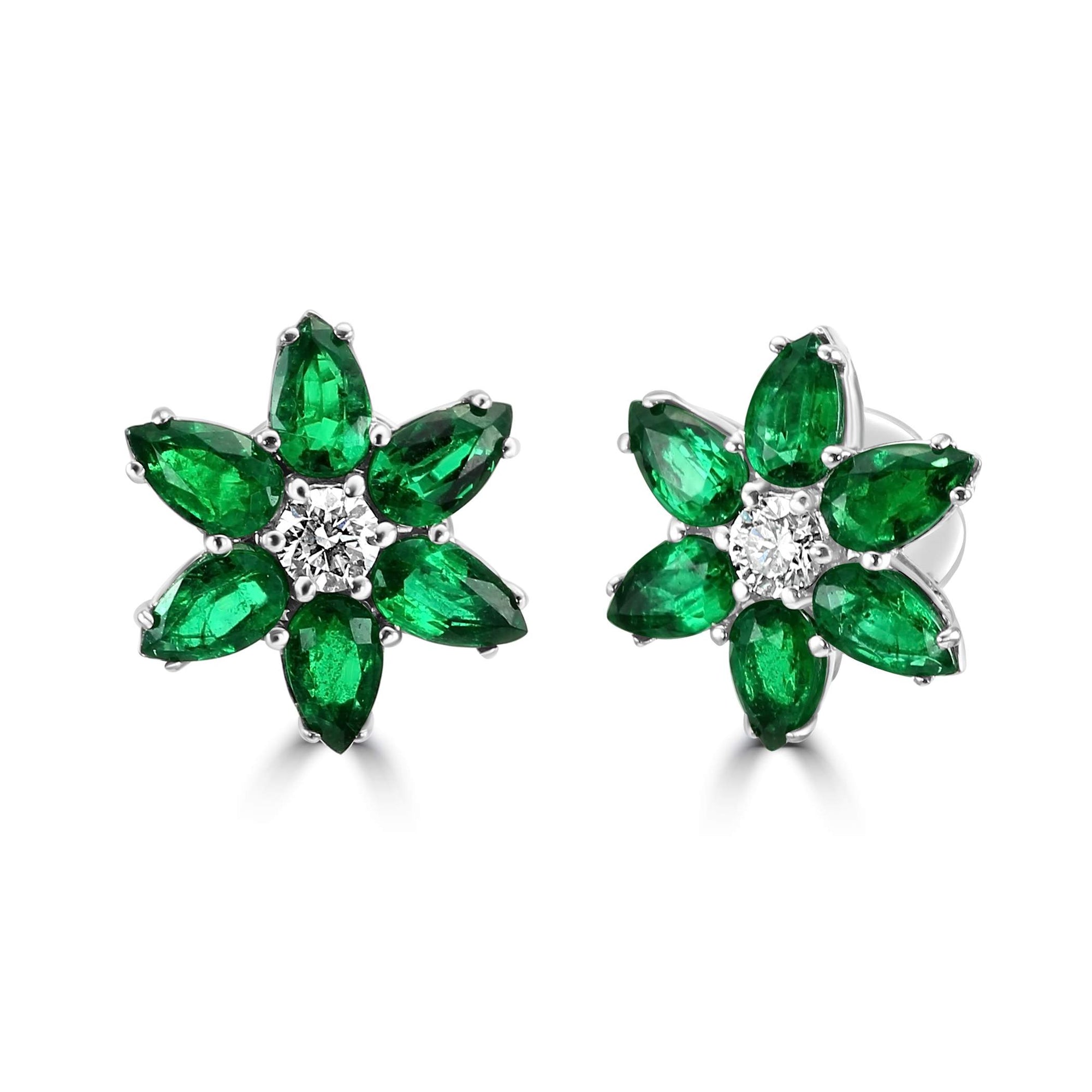 18K  White Gold ~0.23 Ctw Diamond And ~2.08 Ctw Emerald  Flower Stud Earrings