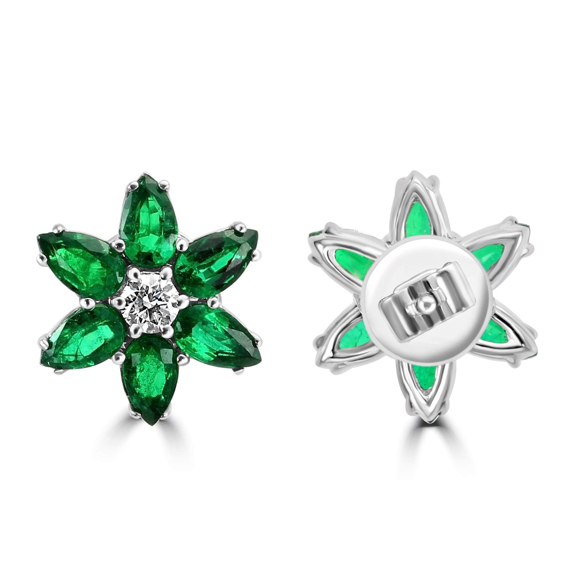 18K  White Gold ~0.23 Ctw Diamond And ~2.08 Ctw Emerald  Flower Stud Earrings