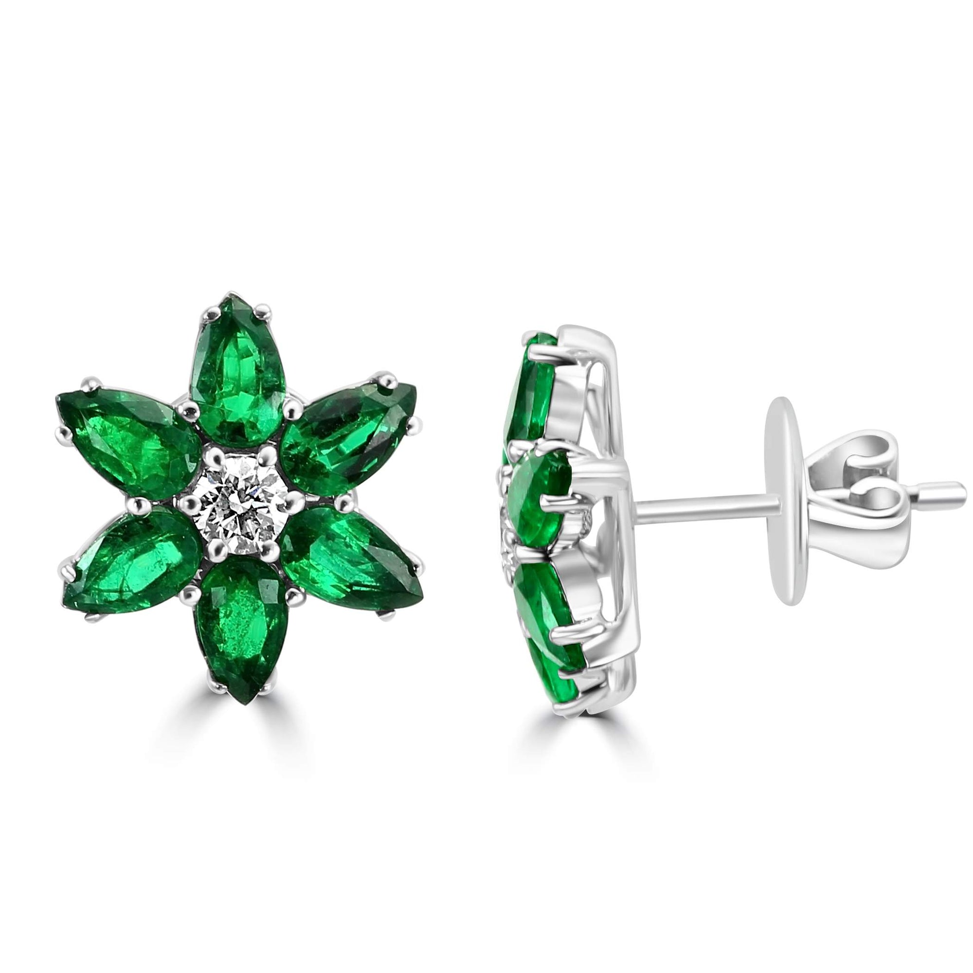 18K  White Gold ~0.23 Ctw Diamond And ~2.08 Ctw Emerald  Flower Stud Earrings