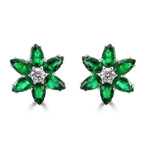 18K  White Gold ~0.23 Ctw Diamond And ~2.08 Ctw Emerald  Flower Stud Earrings