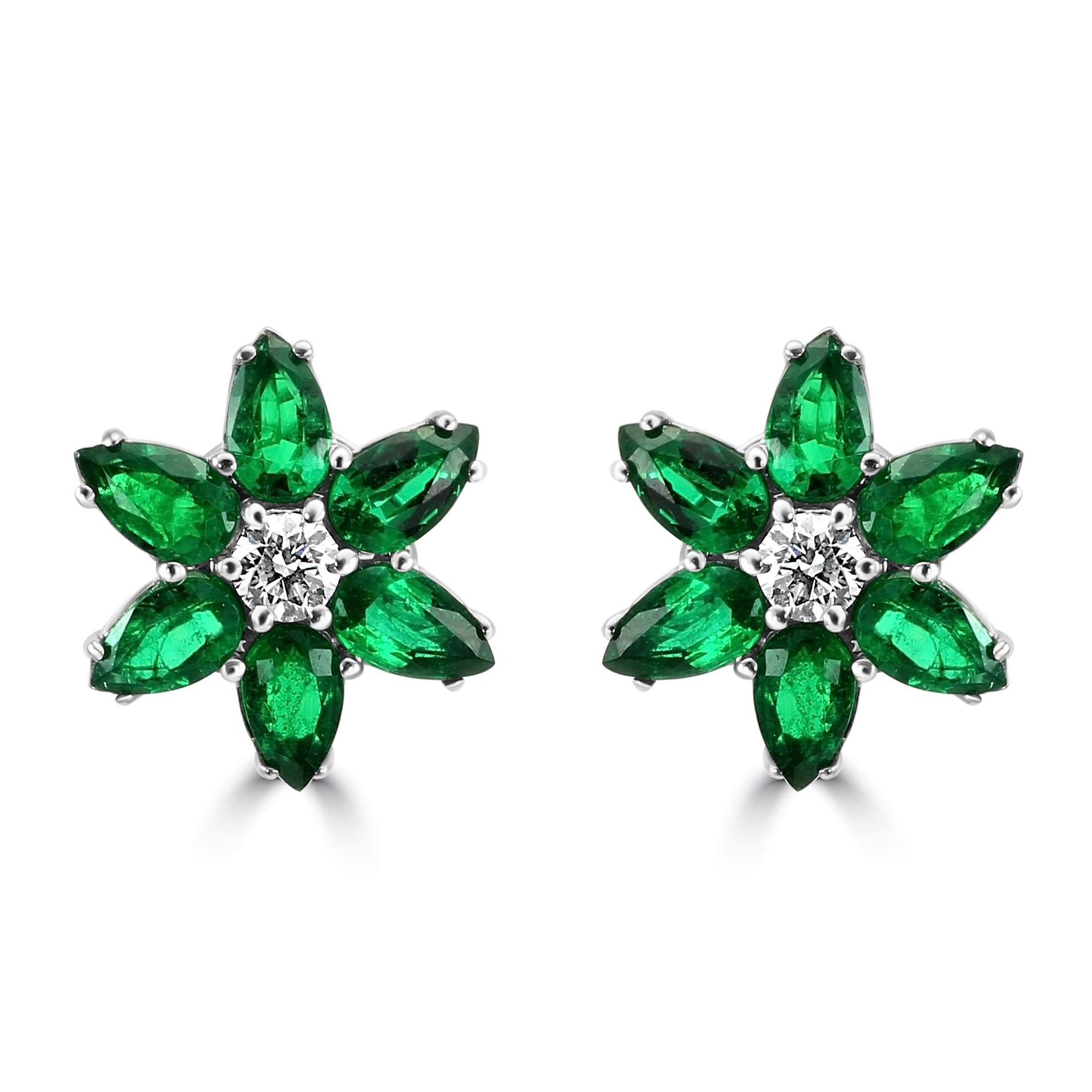 18K  White Gold ~0.23 Ctw Diamond And ~2.08 Ctw Emerald  Flower Stud Earrings