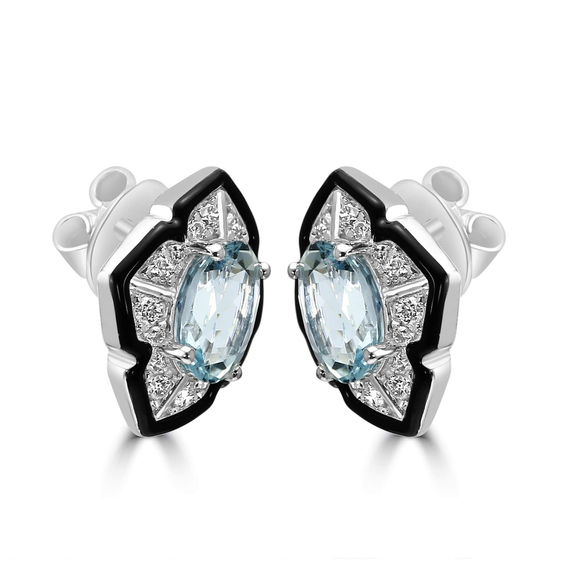 14K White Gold  ~2.53 Ctw Aquamarine And ~0.39 Ctw Diamond Earrings With Onyx Halo