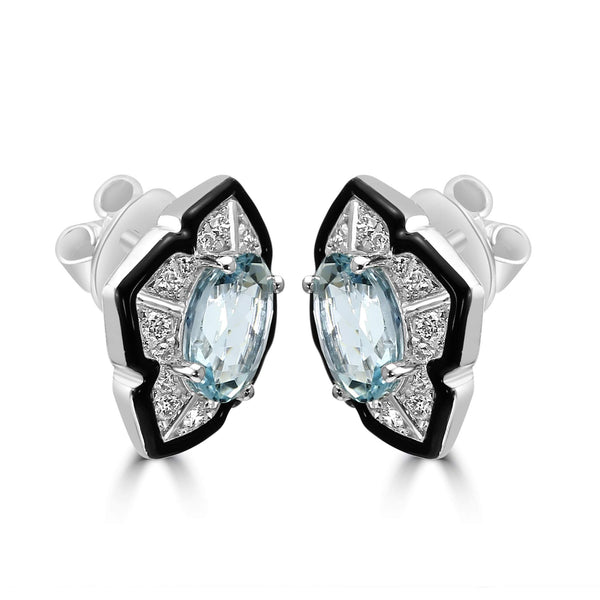 14K White Gold  ~2.53 Ctw Aquamarine And ~0.39 Ctw Diamond Earrings With Onyx Halo