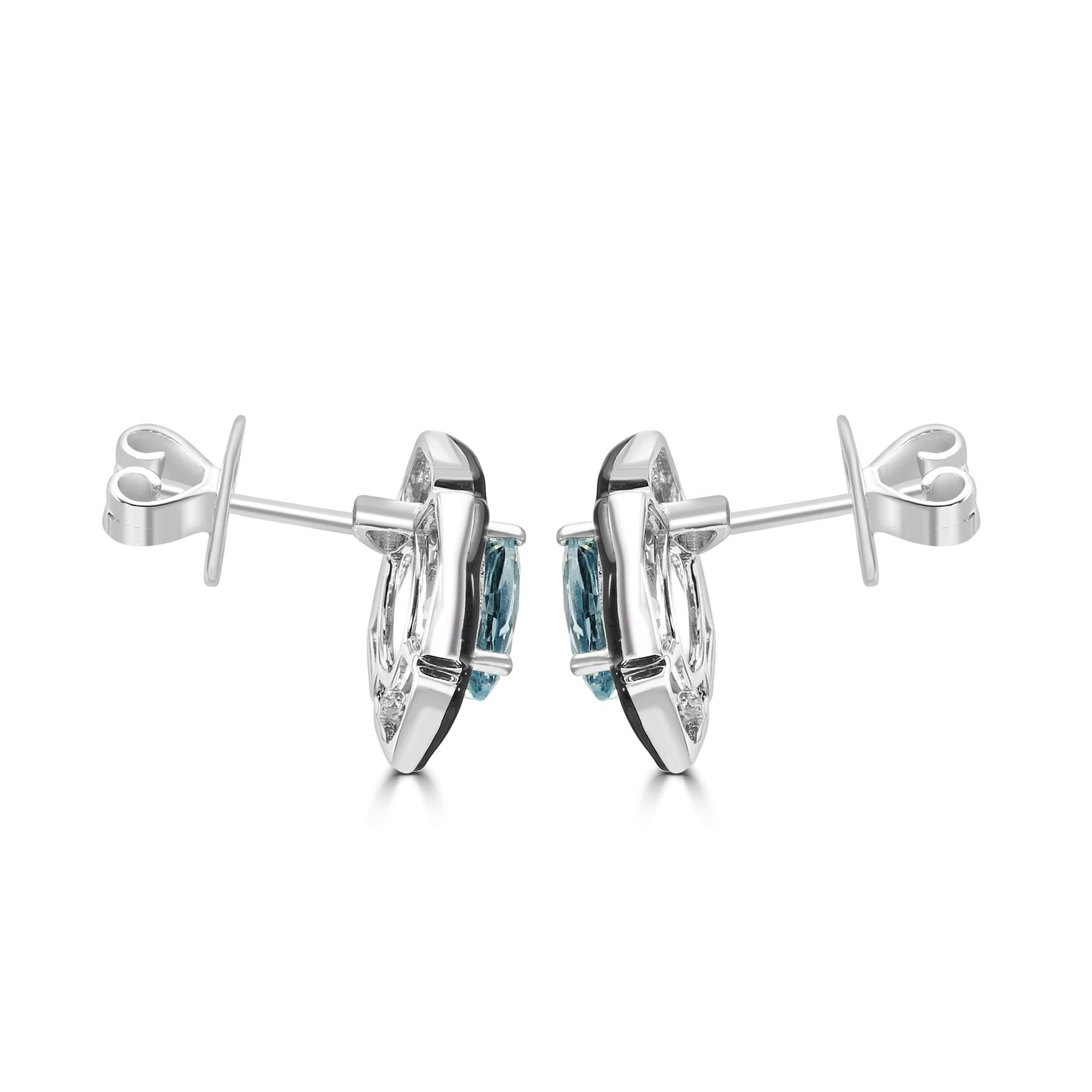 14K White Gold  ~2.53 Ctw Aquamarine And ~0.39 Ctw Diamond Earrings With Onyx Halo