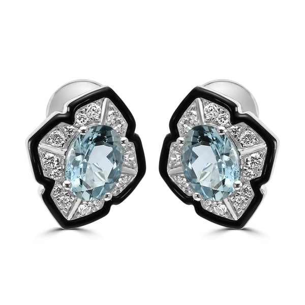 14K White Gold  ~2.53 Ctw Aquamarine And ~0.39 Ctw Diamond Earrings With Onyx Halo