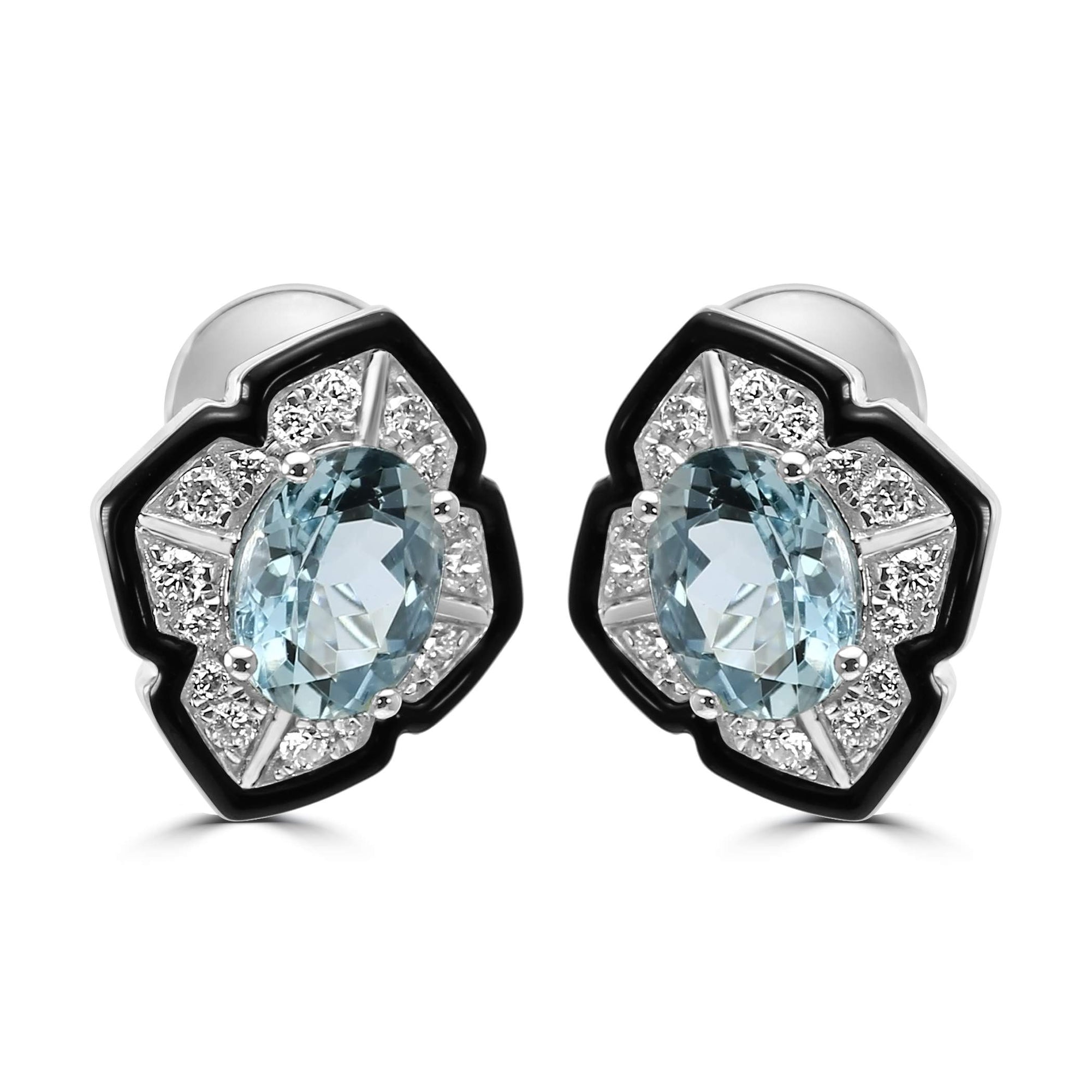 14K White Gold  ~2.53 Ctw Aquamarine And ~0.39 Ctw Diamond Earrings With Onyx Halo