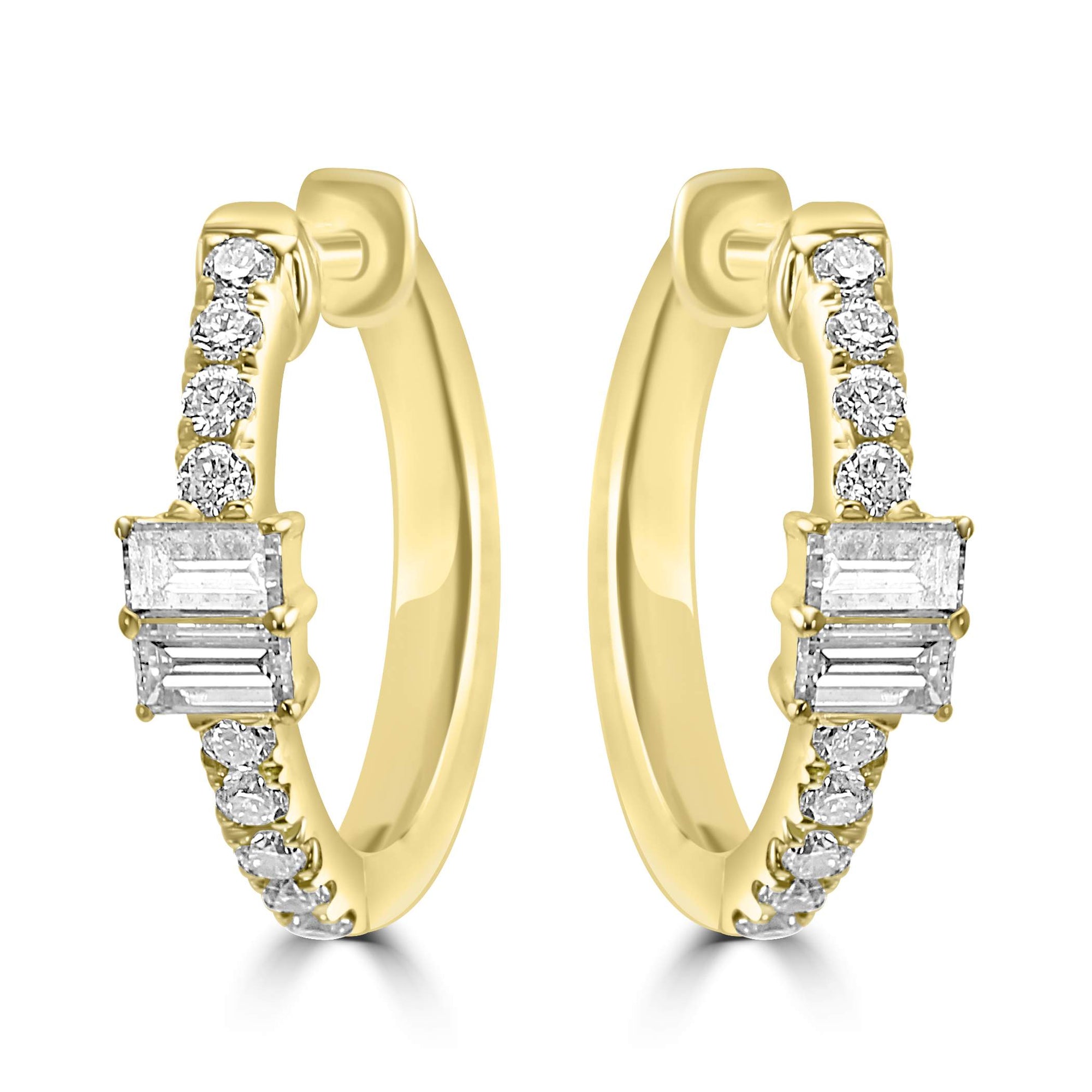 14K Yellow Gold ~0.19 Ctw Round And ~0.25 Ctw Emerald Cut Diamond Earrings