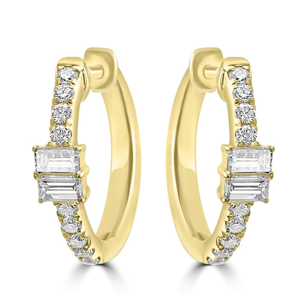 14K Yellow Gold ~0.19 Ctw Round And ~0.25 Ctw Emerald Cut Diamond Earrings