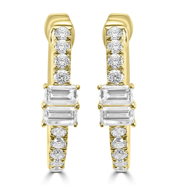 14K Yellow Gold ~0.19 Ctw Round And ~0.25 Ctw Emerald Cut Diamond Earrings