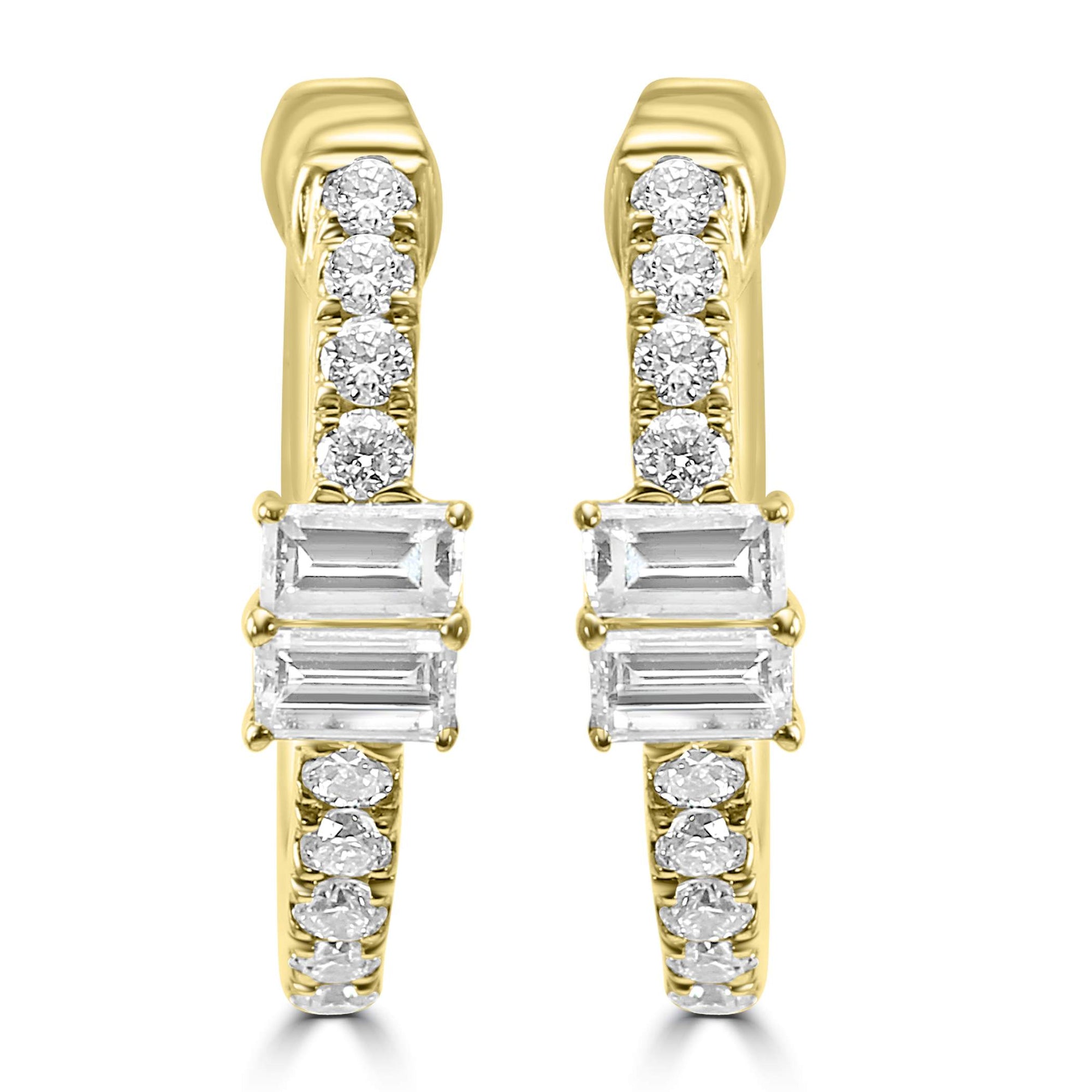 14K Yellow Gold ~0.19 Ctw Round And ~0.25 Ctw Emerald Cut Diamond Earrings
