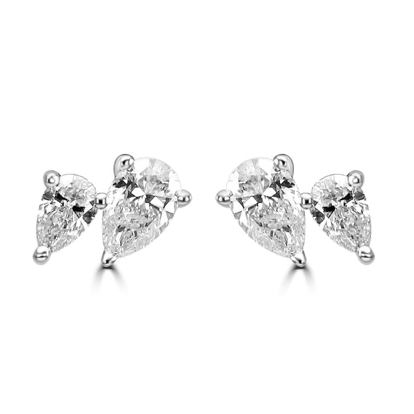 14K White Gold Double Pear Shape ~0.65ctw Diamond Stud Earrings.