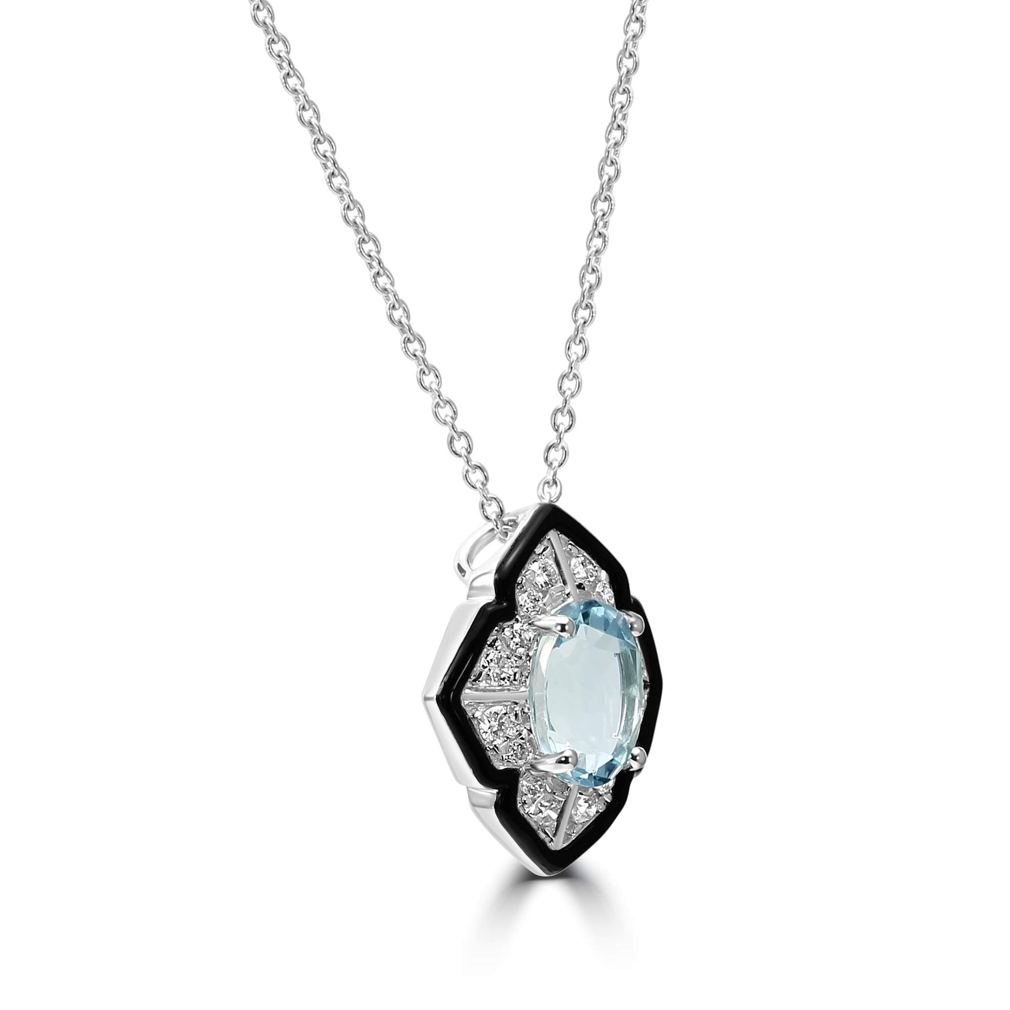 14K Oval Aquamarine Pendant With Diamond And Onyx Halo