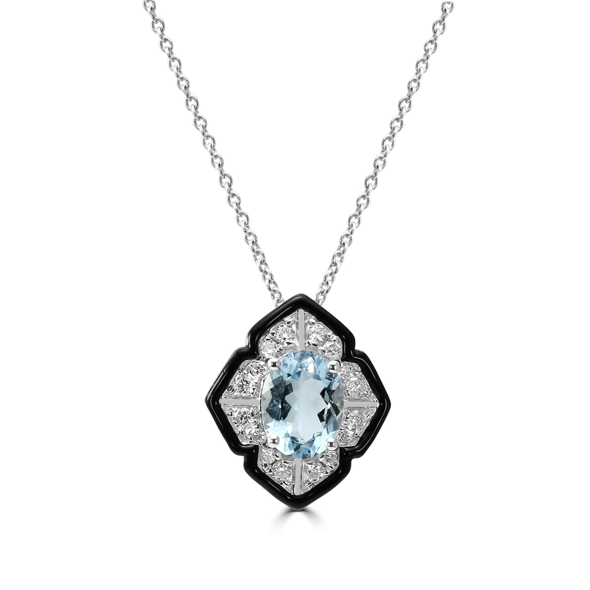 14K Oval Aquamarine Pendant With Diamond And Onyx Halo