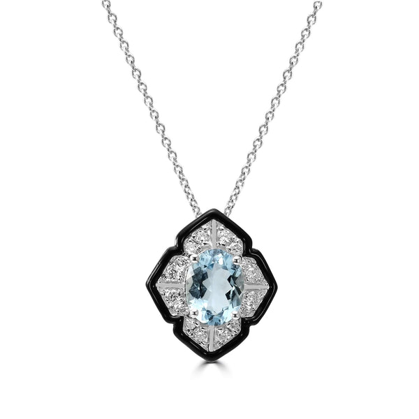 14K Oval Aquamarine Pendant With Diamond And Onyx Halo - Provident Jewelry
