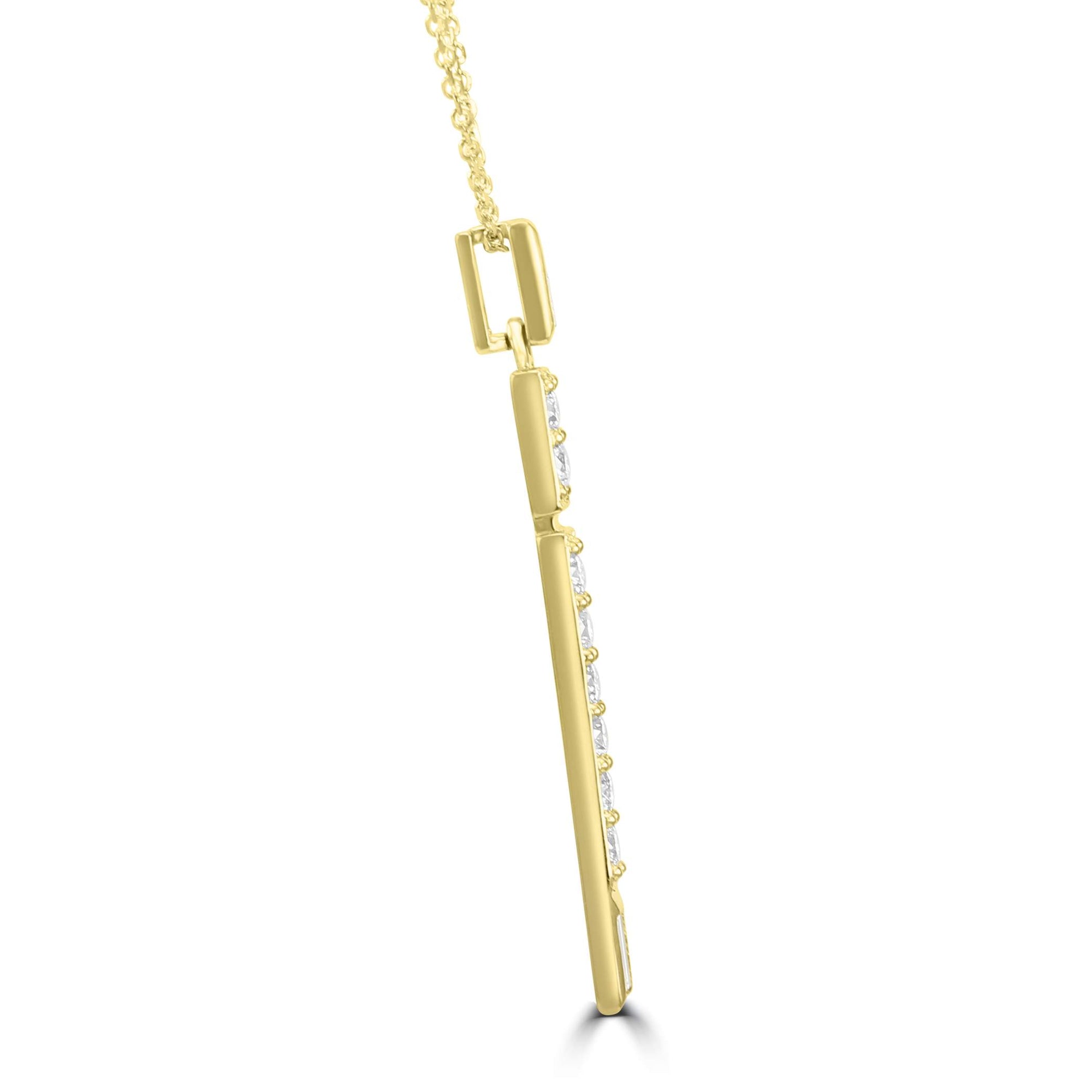 14K Yellow Gold Diamond Stick Dangle On Chain, 18/17", 8 Round And 2 Straight Diamond Baguettes ~.30ctw