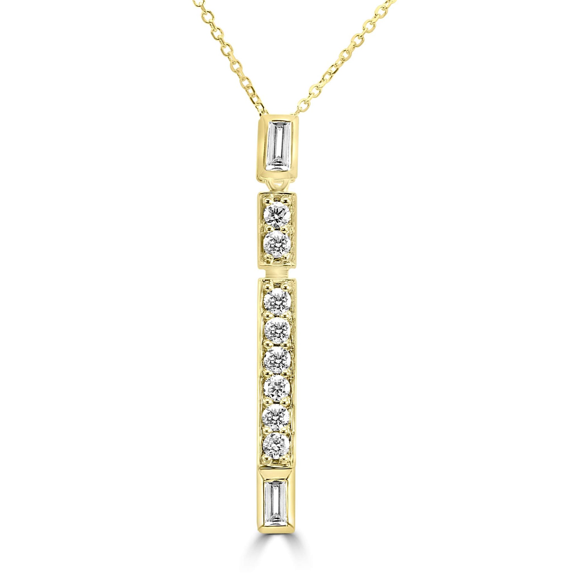 14K Yellow Gold Diamond Stick Dangle On Chain, 18/17", 8 Round And 2 Straight Diamond Baguettes ~.30ctw