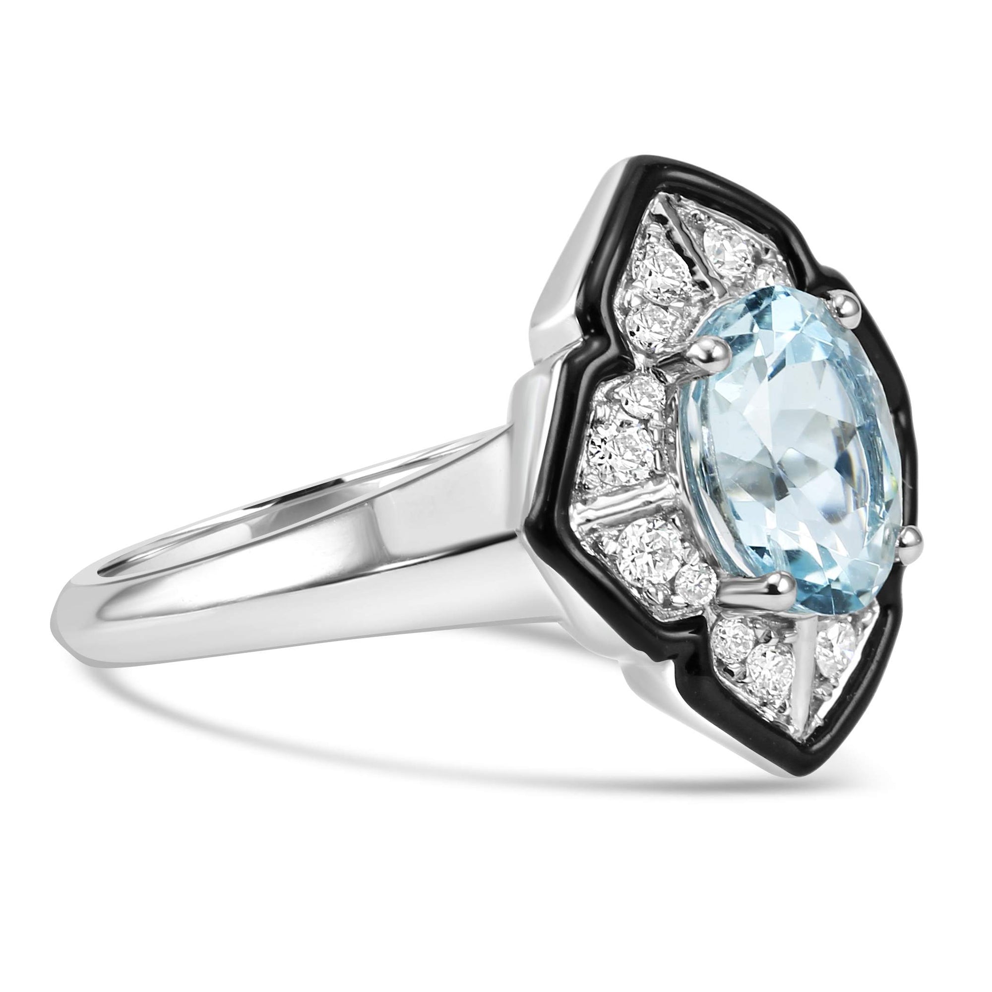 14K White Gold Onyx Halo, 1.26Ctw Aquamarine And ~.18Ctw Diamond Ring