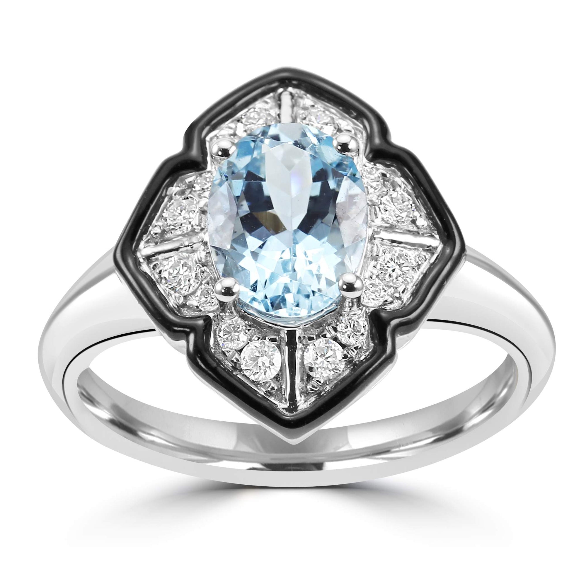 14K White Gold Onyx Halo, 1.26Ctw Aquamarine And ~.18Ctw Diamond Ring