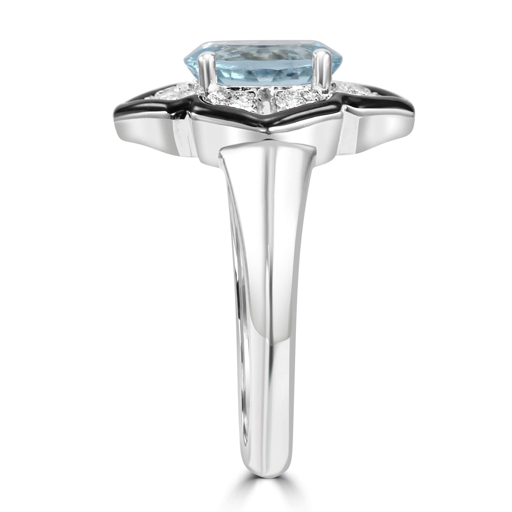 14K White Gold Onyx Halo, 1.26Ctw Aquamarine And ~.18Ctw Diamond Ring