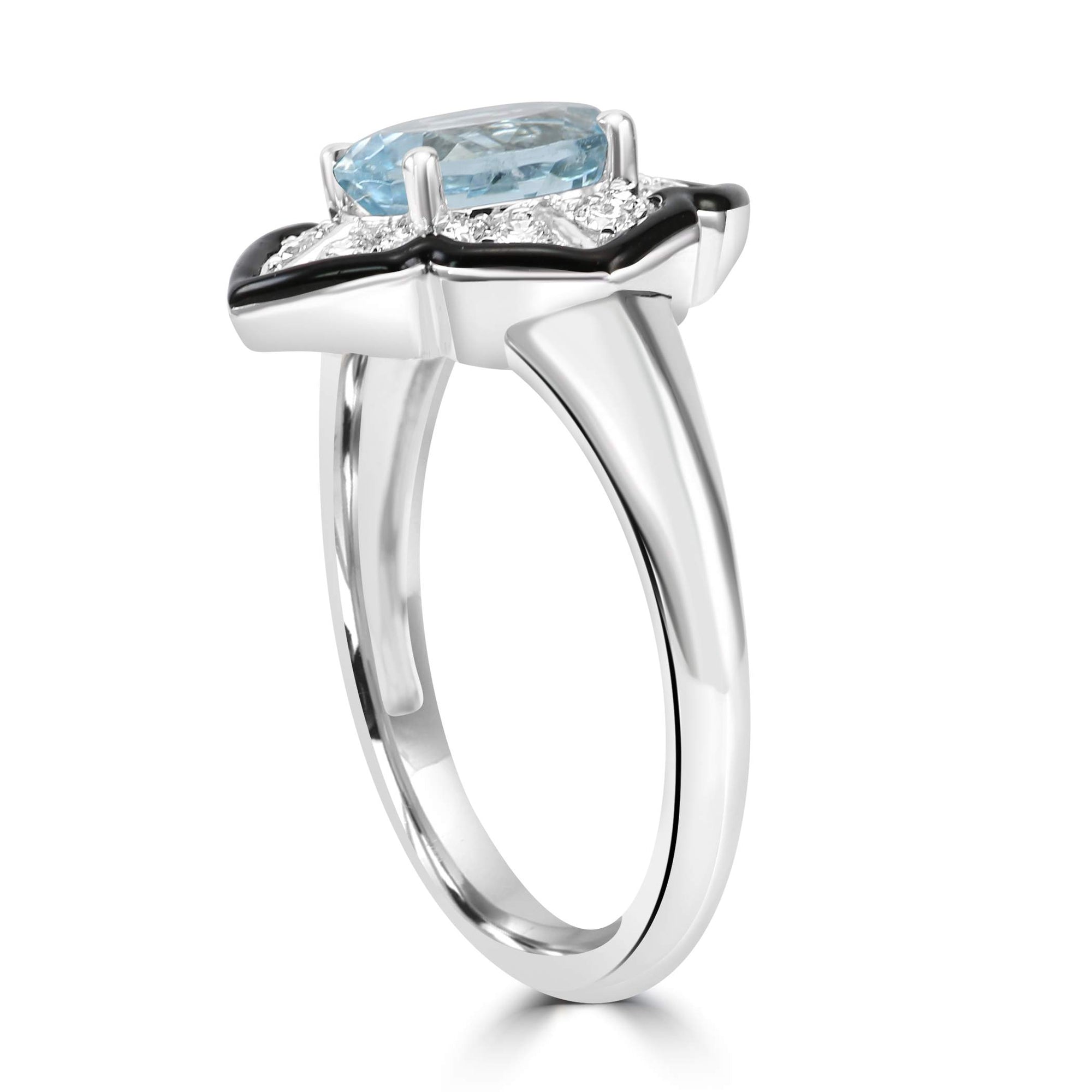 14K White Gold Onyx Halo, 1.26Ctw Aquamarine And ~.18Ctw Diamond Ring