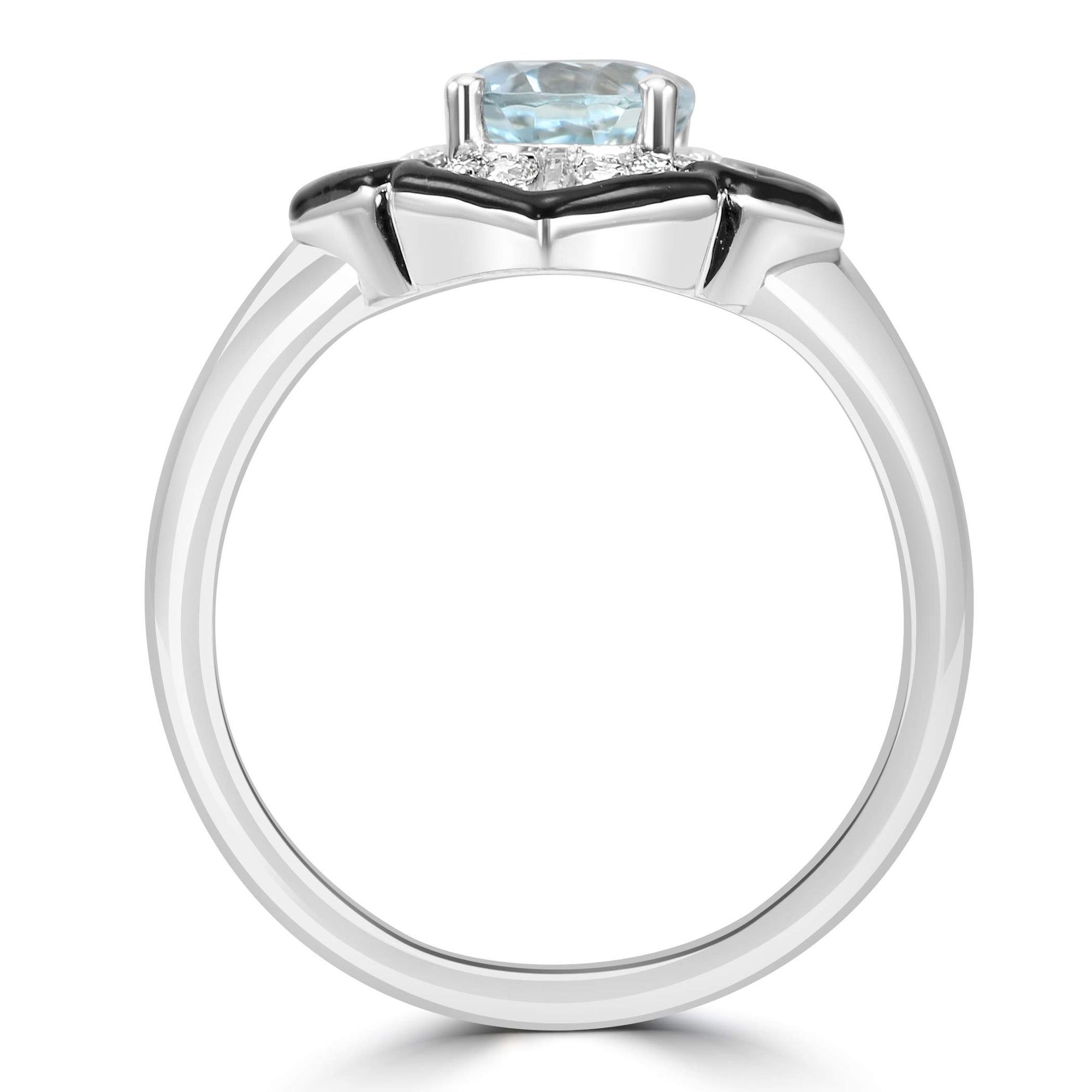 14K White Gold Onyx Halo, 1.26Ctw Aquamarine And ~.18Ctw Diamond Ring