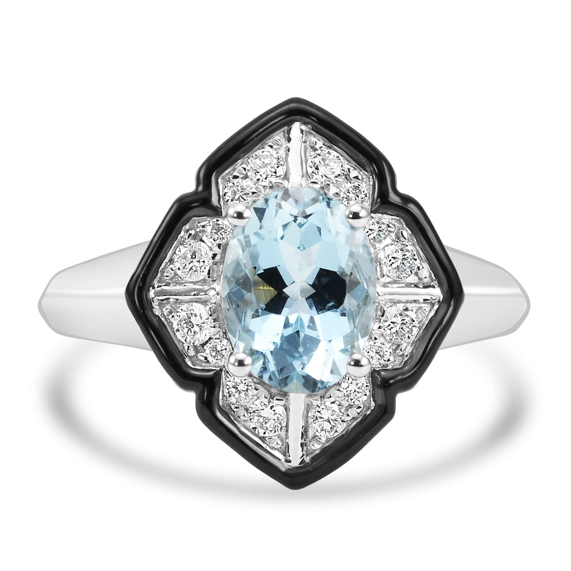 14K White Gold Onyx Halo, 1.26Ctw Aquamarine And ~.18Ctw Diamond Ring
