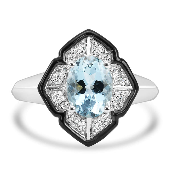 14K White Gold Onyx Halo, 1.26Ctw Aquamarine And ~.18Ctw Diamond Ring