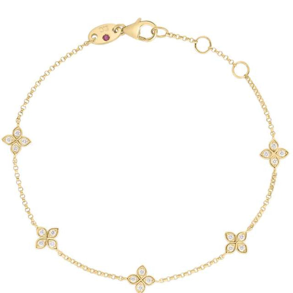 Roberto Coin 18K Yellow Gold ~0.18ctw Diamond Love By The Inch 5 Station Flower 7"Bracelet
