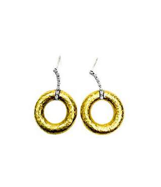 18K Hammered Circles ~.07ctw Diamond Dangle Earrings. Friction posts With Backs,  Designer Unknown, 1.25" Long, 7/8" Width.