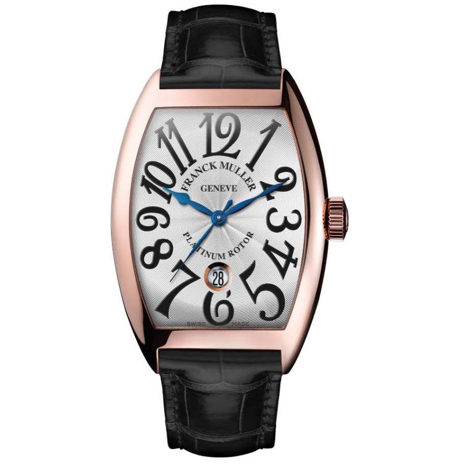 Franck Muller 18K Rose Gold Cintrees Curvex Date 36mm Automatic Polish Case On A Black Hand Sewn Alligator Strap And Gold Buckle Provident Jewelery
