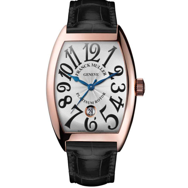 Franck Muller 18K Rose Gold Cintrees Curvex Date 36mm Automatic Polish Case On A Black Hand Sewn Alligator Strap And Gold Buckle Provident Jewelery