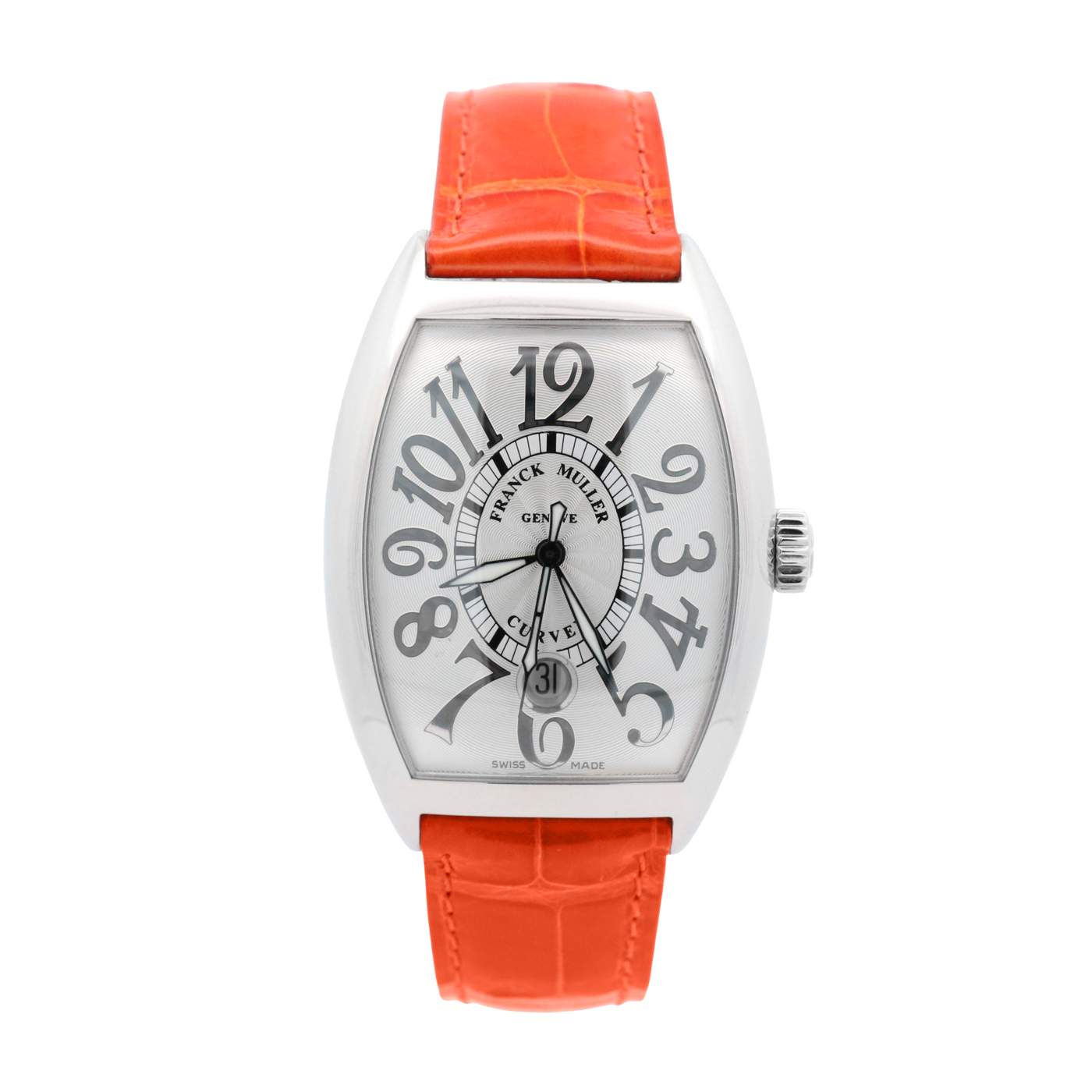 Franck Muller Stainless Steel Men Cintrees Curvex Date Sliver Dial Polish Case On A Hand Sewn Orange Alligator Strap With A Stainless Steel Buckle Provident Jewelery