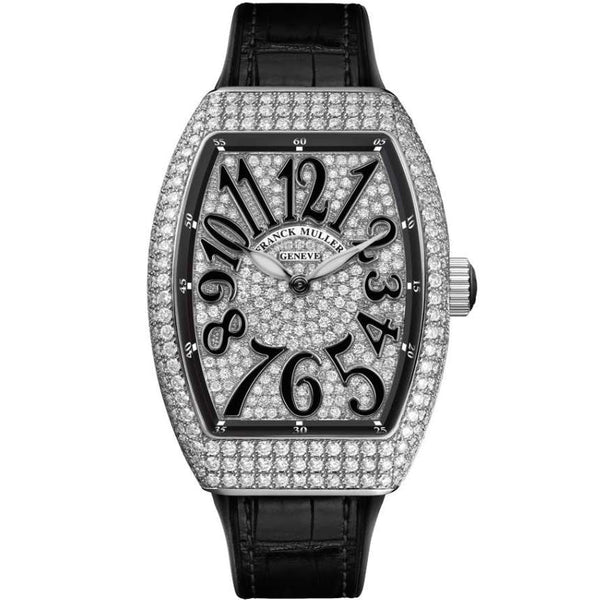 Franck Muller 32mm Quartz Stainless Steel Vanguard Classic Diamond Case And Dial Black Insert On A Black Rubber And Alligator Strap