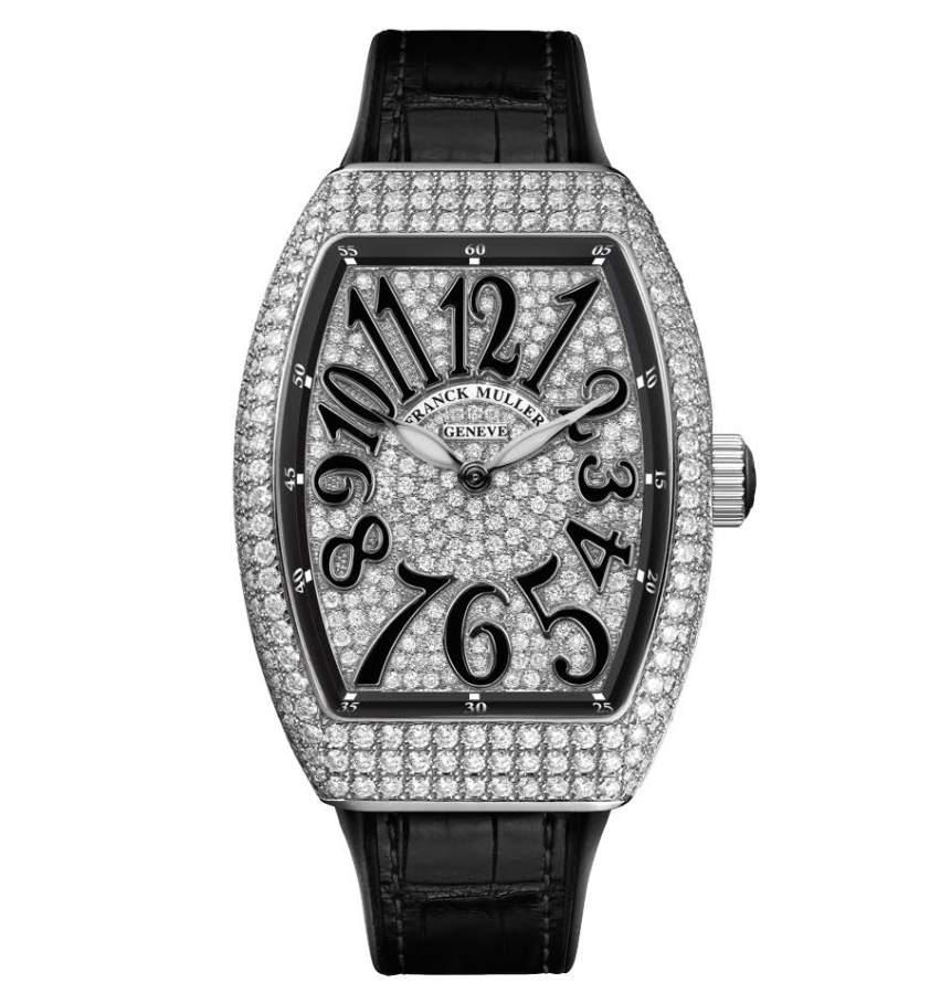 Franck Muller 32mm Quartz Stainless Steel Vanguard Classic Diamond Case And Dial Black Insert On A Black Rubber And Alligator Strap