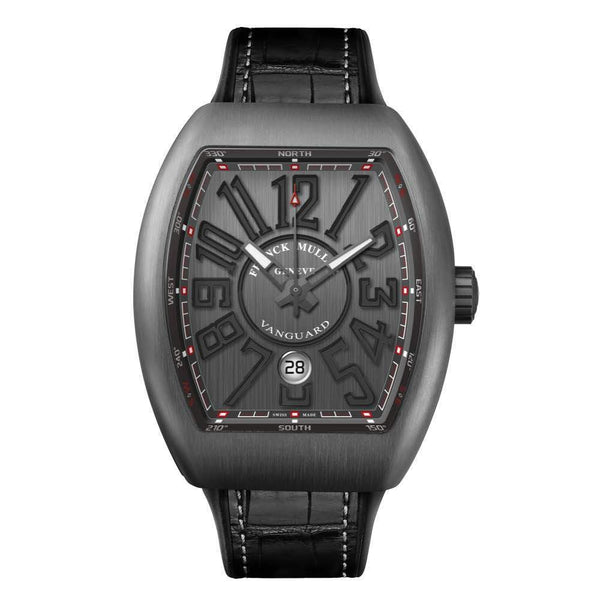 Franck Muller Watch 41mm Vanguard Grade-2 Titanium Hand brushed Case And Black inserts on both sides of the case on A Hand sewn alligator strap and Brushed grade-2 titanium folding buckle Provident Jewelery