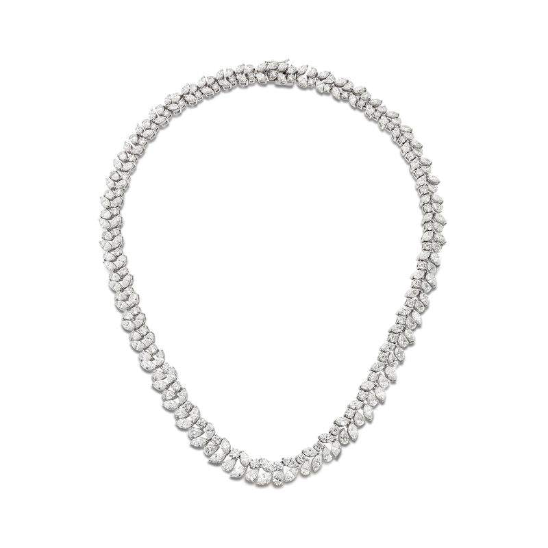 18K White Gold Two Row  Mix Shape Round, Pear And Marquise ~36.53 Ctw Diamond Necklace