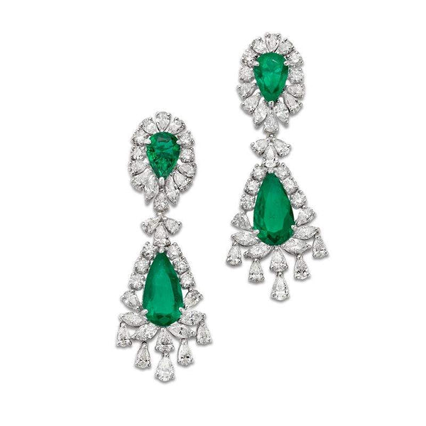 18K White Gold Colombia  ~6.23 Ctw Emerald And ~6.01 Ctw Diamond Halo Earrings Provident Jewelery