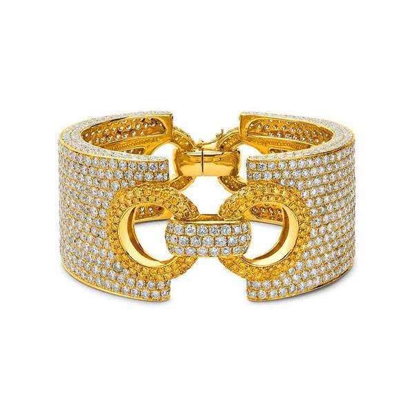 18K Yellow Gold White And Yellow Pave ~50.21 Ctw Diamond Cuff Bracelet