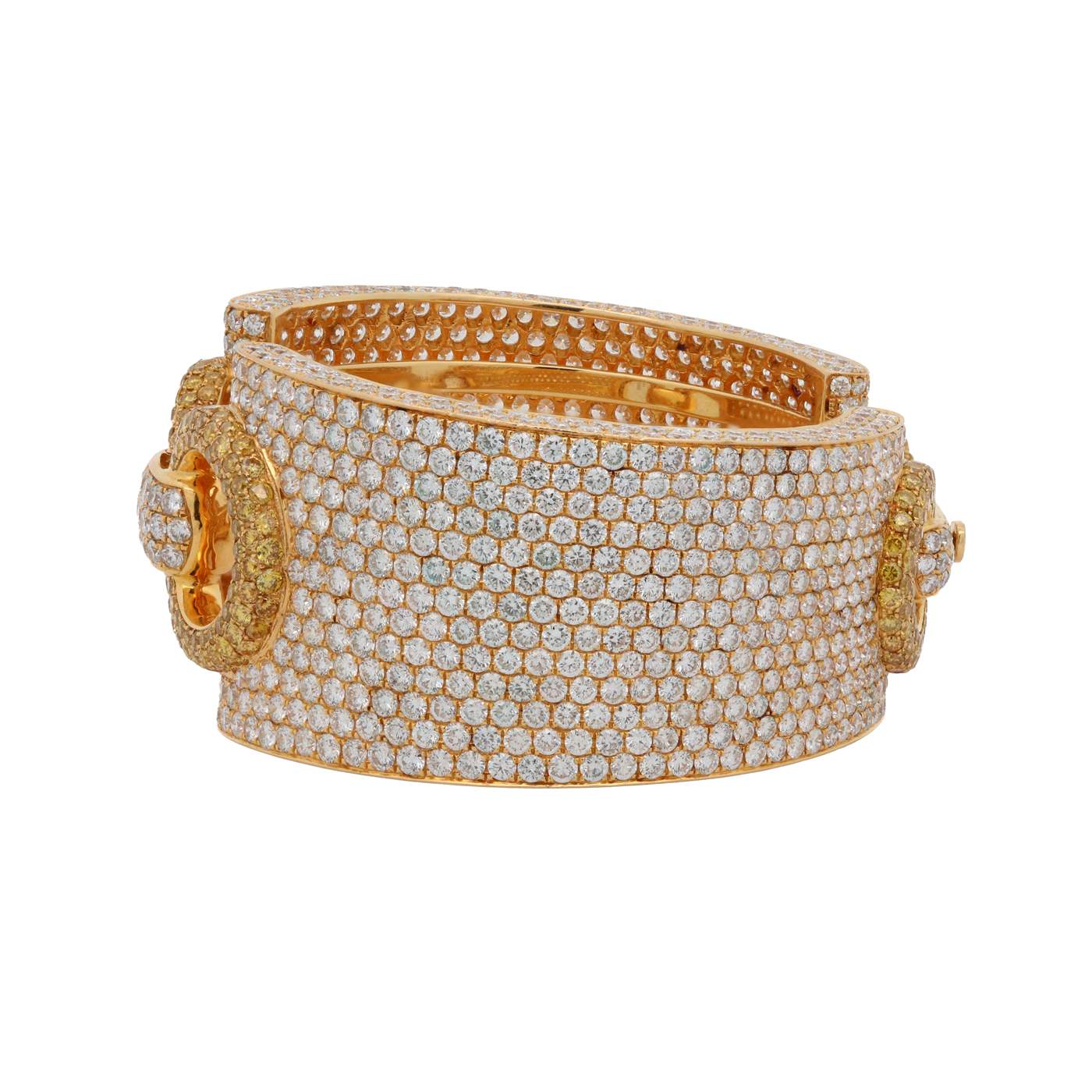 18K Yellow Gold White And Yellow Pave ~50.21 Ctw Diamond Cuff Bracelet