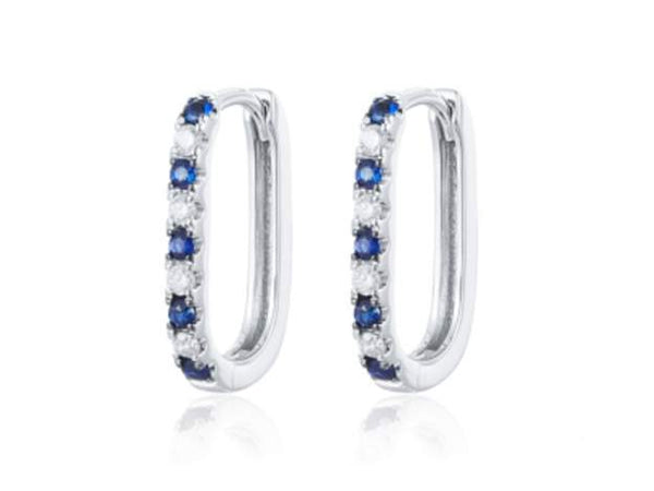 14K Diamond And Sapphire Oval Hoops Earrings