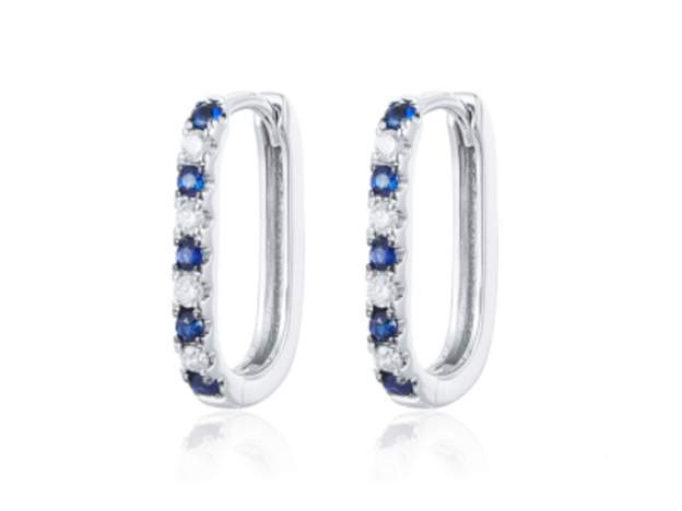 14K Diamond And Sapphire Oval Hoops Earrings