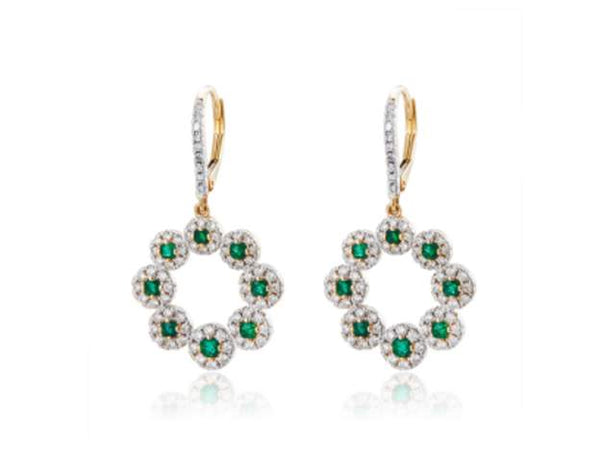 14K Emerald And Diamond Halo Circle Lever Back Earrings