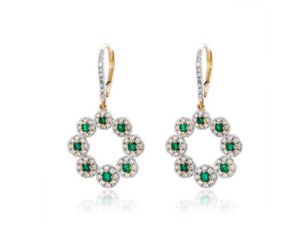 14K Emerald And Diamond Halo Circle Lever Back Earrings