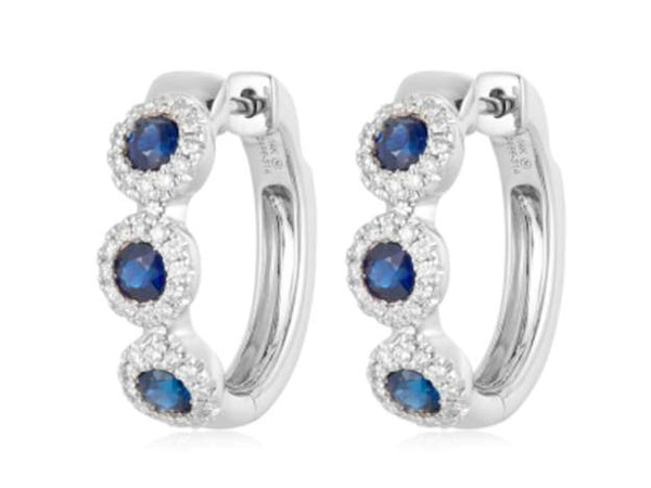 14K Sapphire And Diamond Halo Hoop Earrings