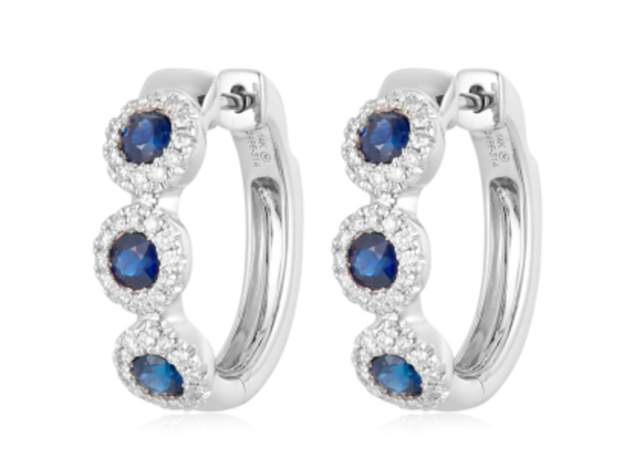 14K Sapphire And Diamond Halo Hoop Earrings