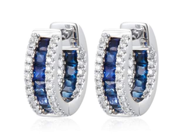 14K Sapphire And Round Diamond Inside Out Hoops Earrings