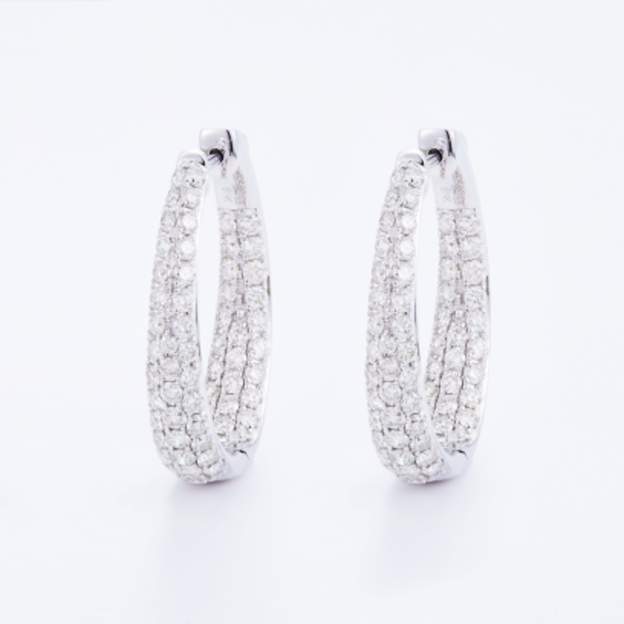 14K White Gold  Pave ~3.01 Ctw Diamond Inside Out Hoop Earrings